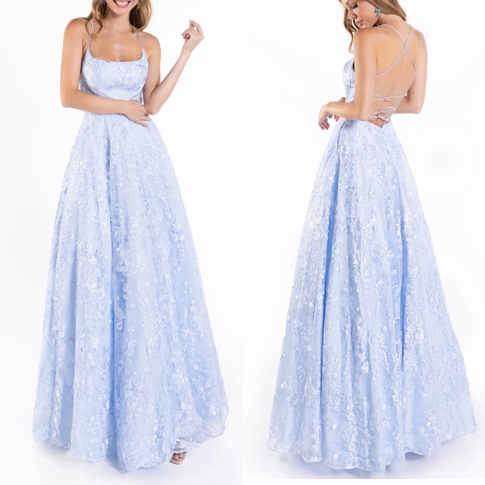 Lucci Lu Embroidered Tulle Sequin Prom Ball Gown Lace Up with Pockets Blue 12